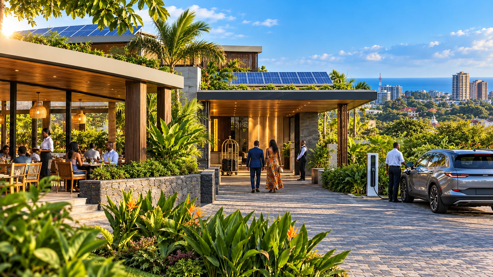 Illustrative solar-powered Ghanaian hotel with EV charging
