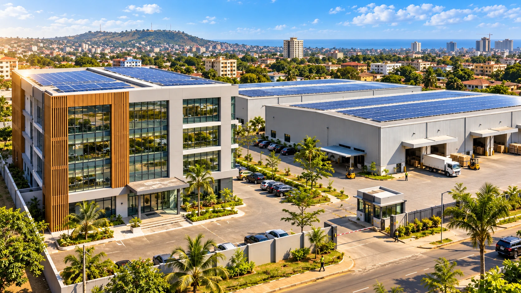 Illustrative office and warehouse campus with rooftop solar
