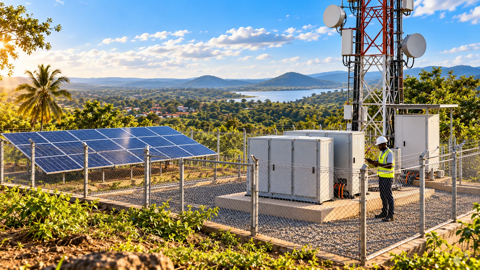 Illustrative Ghanaian telecom tower with solar array and battery cabinets